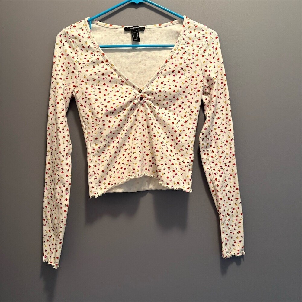Forever 21 Blouse Womens M Ivory Floral  Long Sleeve Cropped Princess Babydoll
